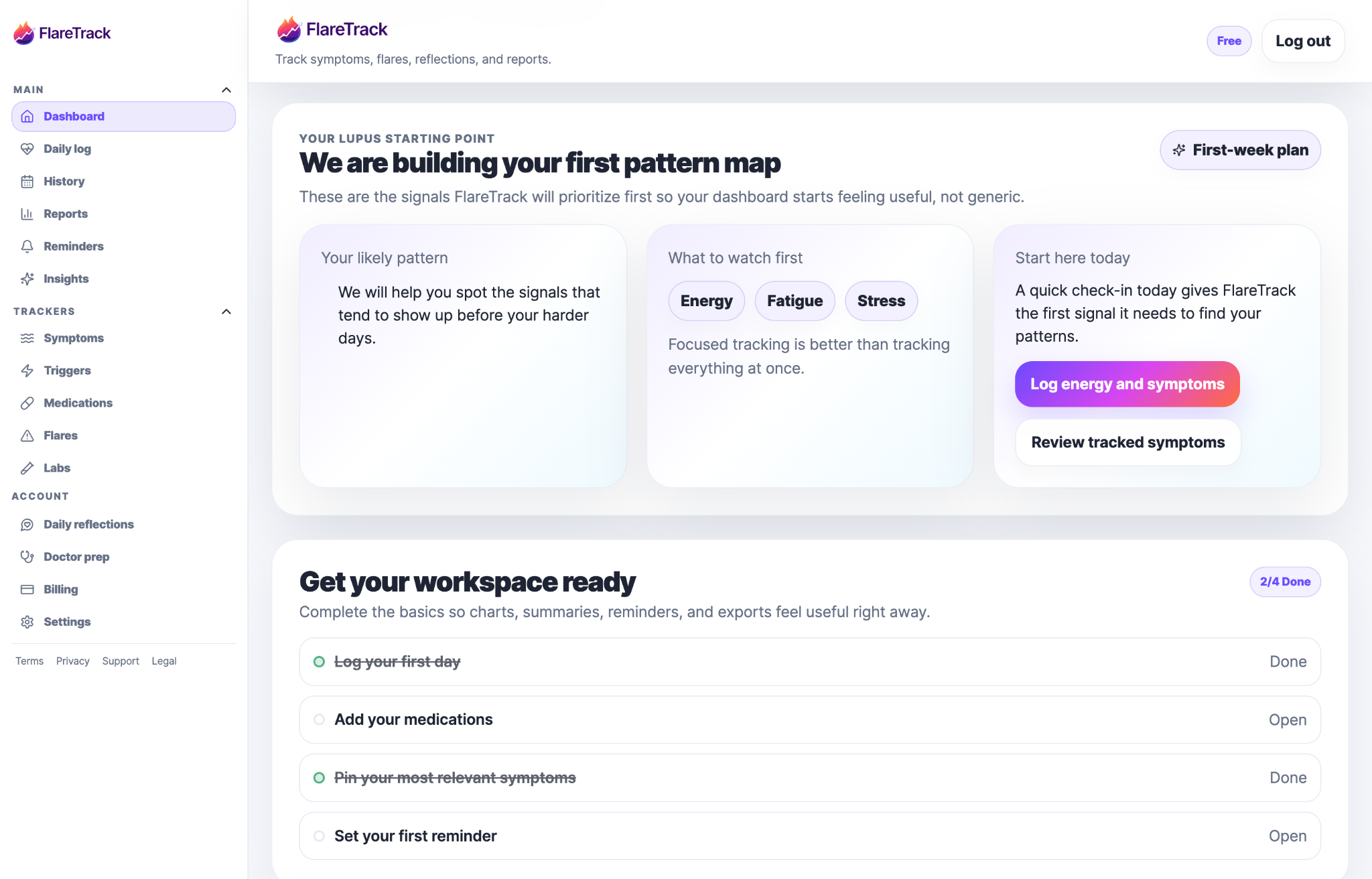 FlareTrack first-week plan screenshot